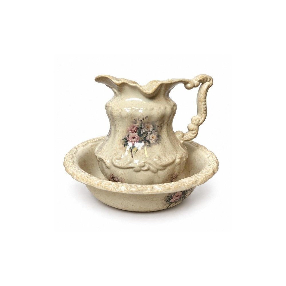 Vintage Athena 915 Pitcher Wash Basin Set Floral Roses California Pottery